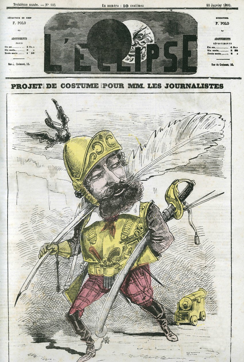 Projecto de fato para jornalistas cavalheiros, de guarda e protegidos por uma armadura. Capa em "L