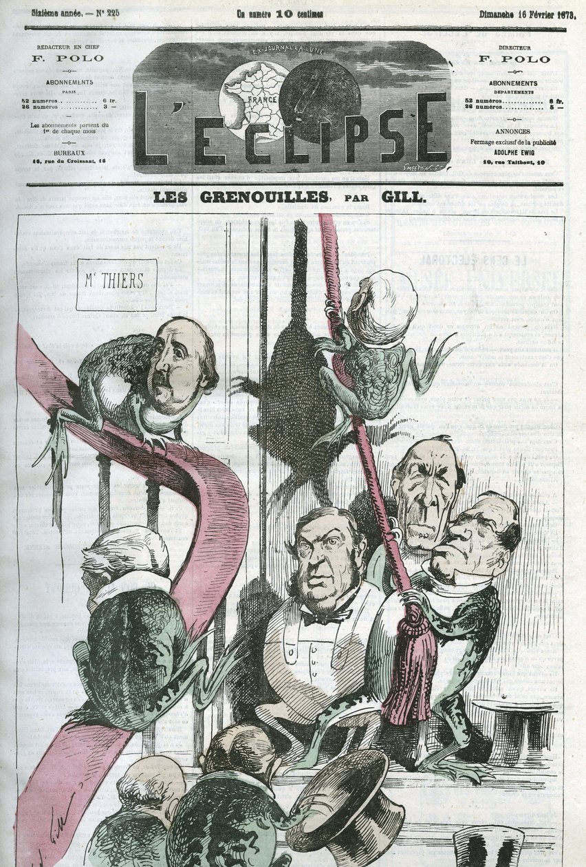 Os Sapos, um desenho animado dos políticos do governo do Presidente Thiers em sapos. Capa em "L