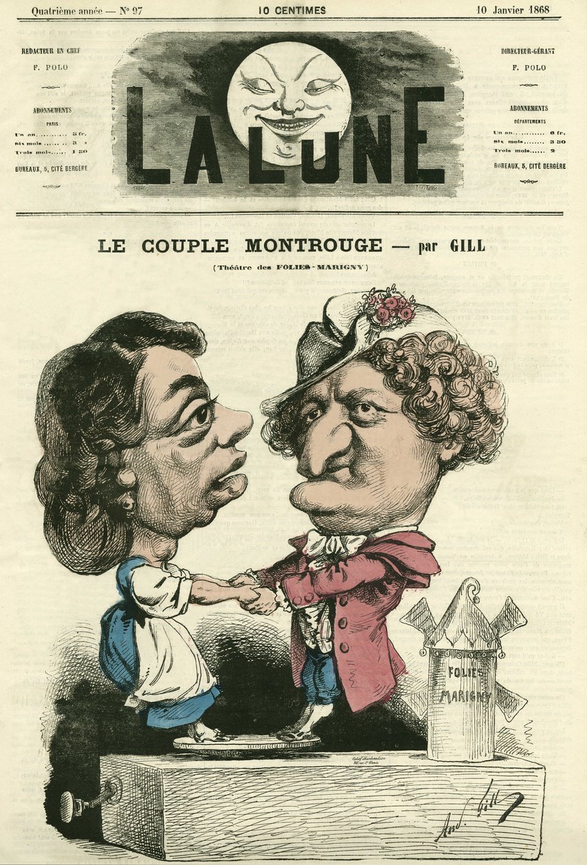 O casal Montrouge, no teatro Folies-Marigny. Cartoon de Gill, em "La Lune", 10 de janeiro de Andre Gill