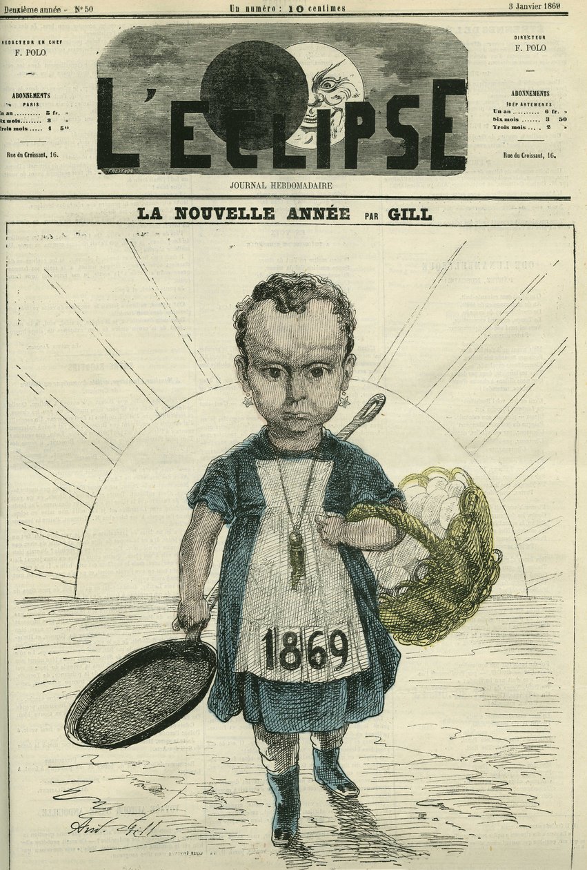 O Ano Novo, ilustração de uma menina segurando um fogão e um cesto de ovos. Capa em "L