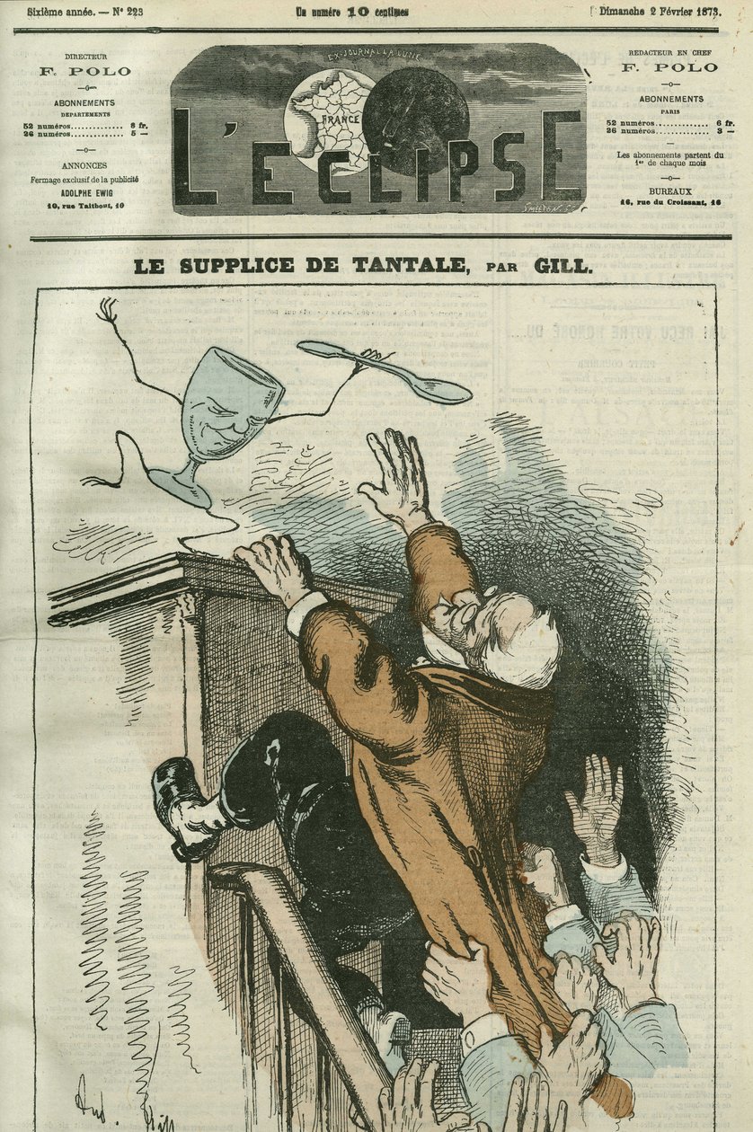 O Tormento do Tantalus, caricatura de Adolphe Thiers (1798-1874), estadista francês. Capa em "L