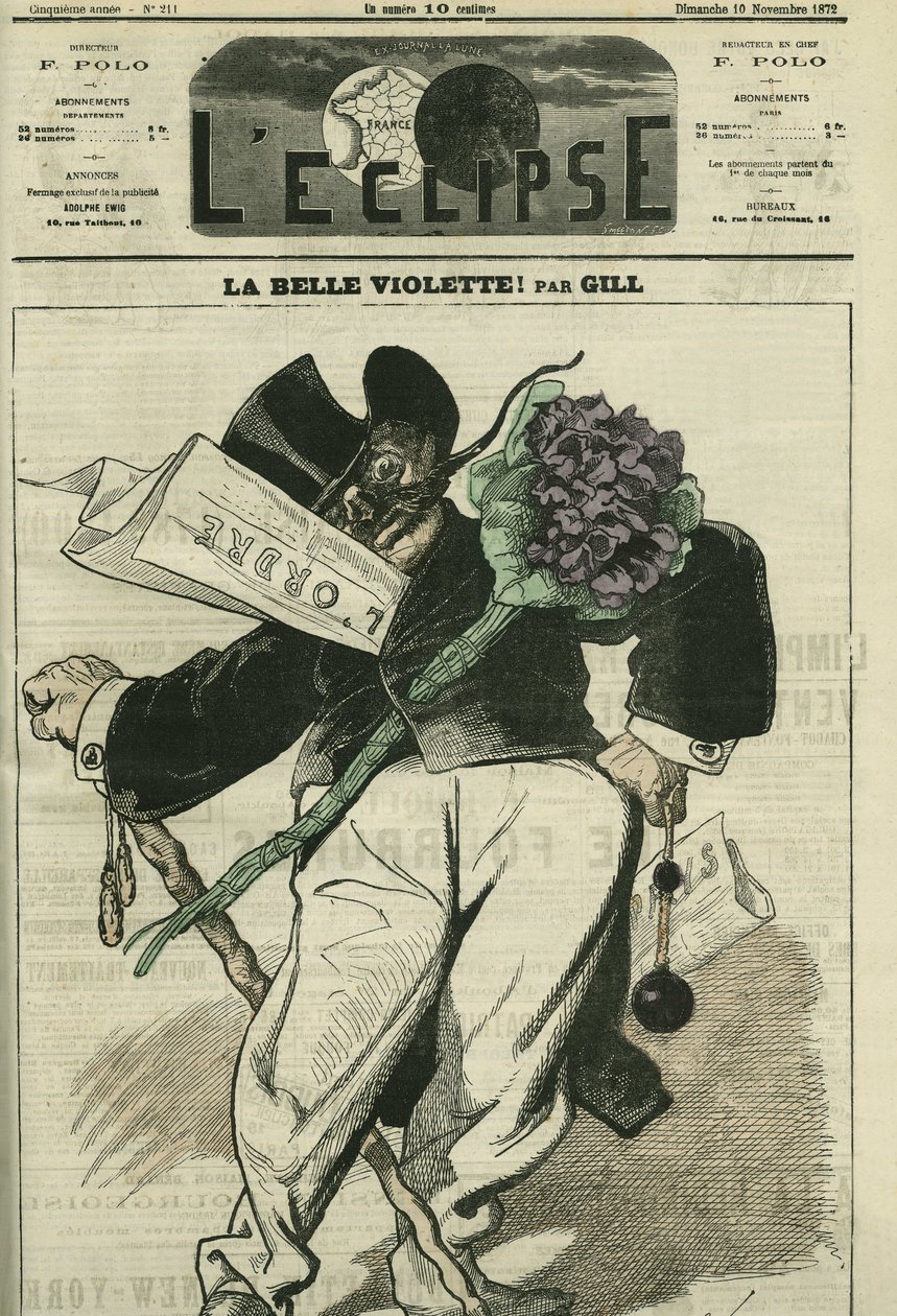 A bela violeta, uma ilustração de um bonapartista apoiante, com o jornal "L