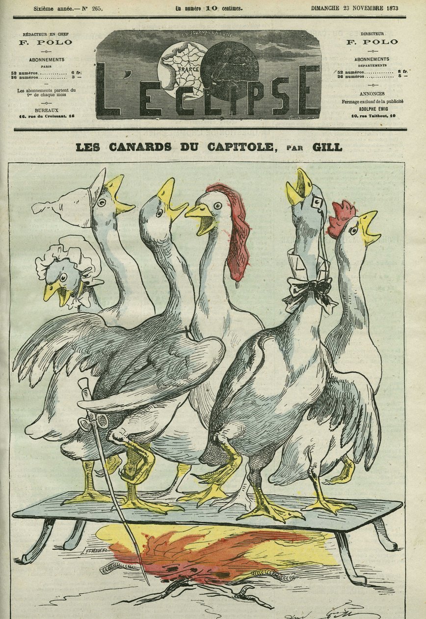 Os patos do Capitólio, caricatura dos jornais "La Patrie", "Le Constitutionnel", "Le Pays", "Le Figaro", "L