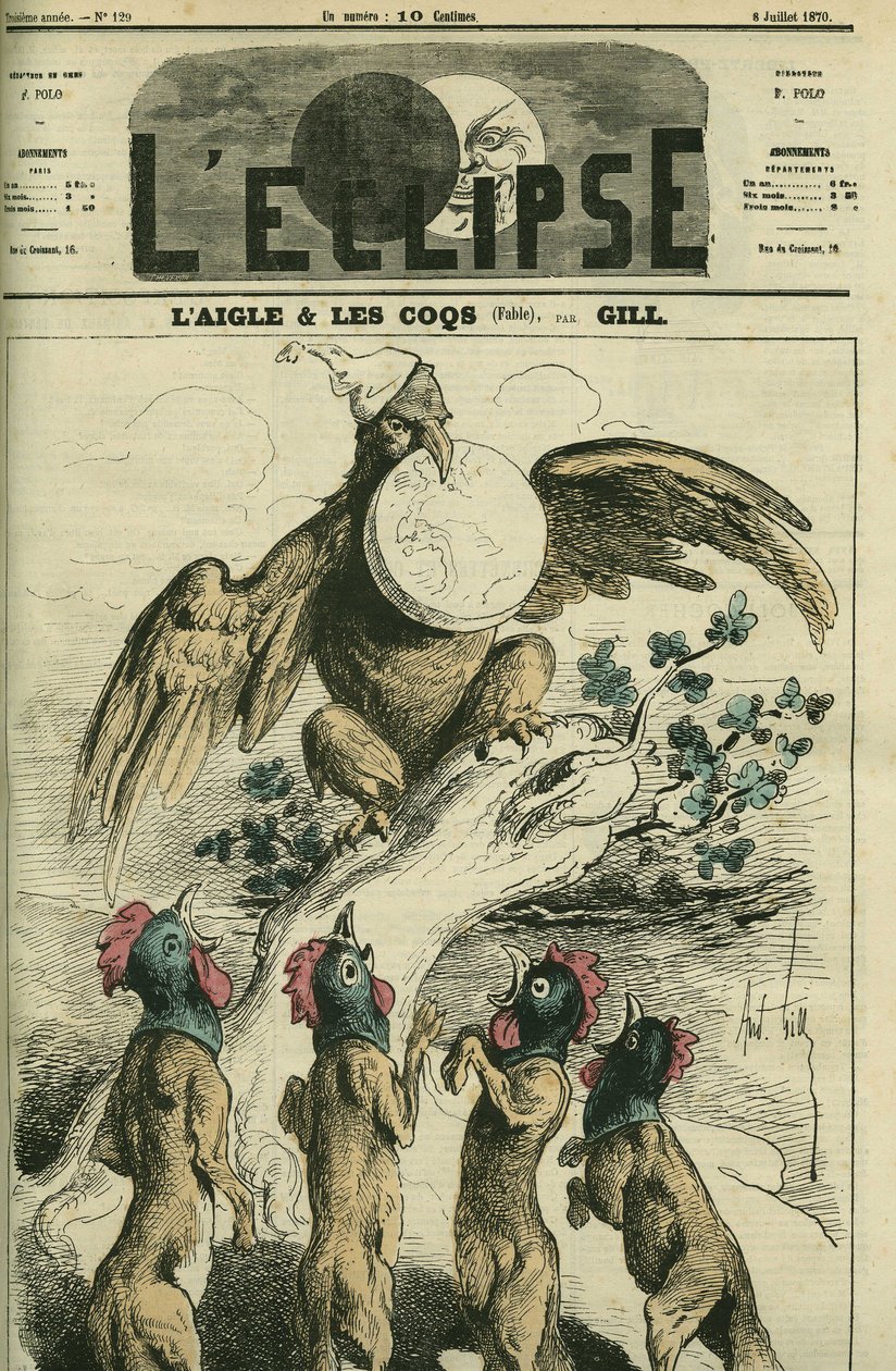 A águia e os galos, segundo a fábula, a águia napoleônica segura a França em seu bico pronto para soltá-la às raposas com a cabeça de galo. Capa em "L
