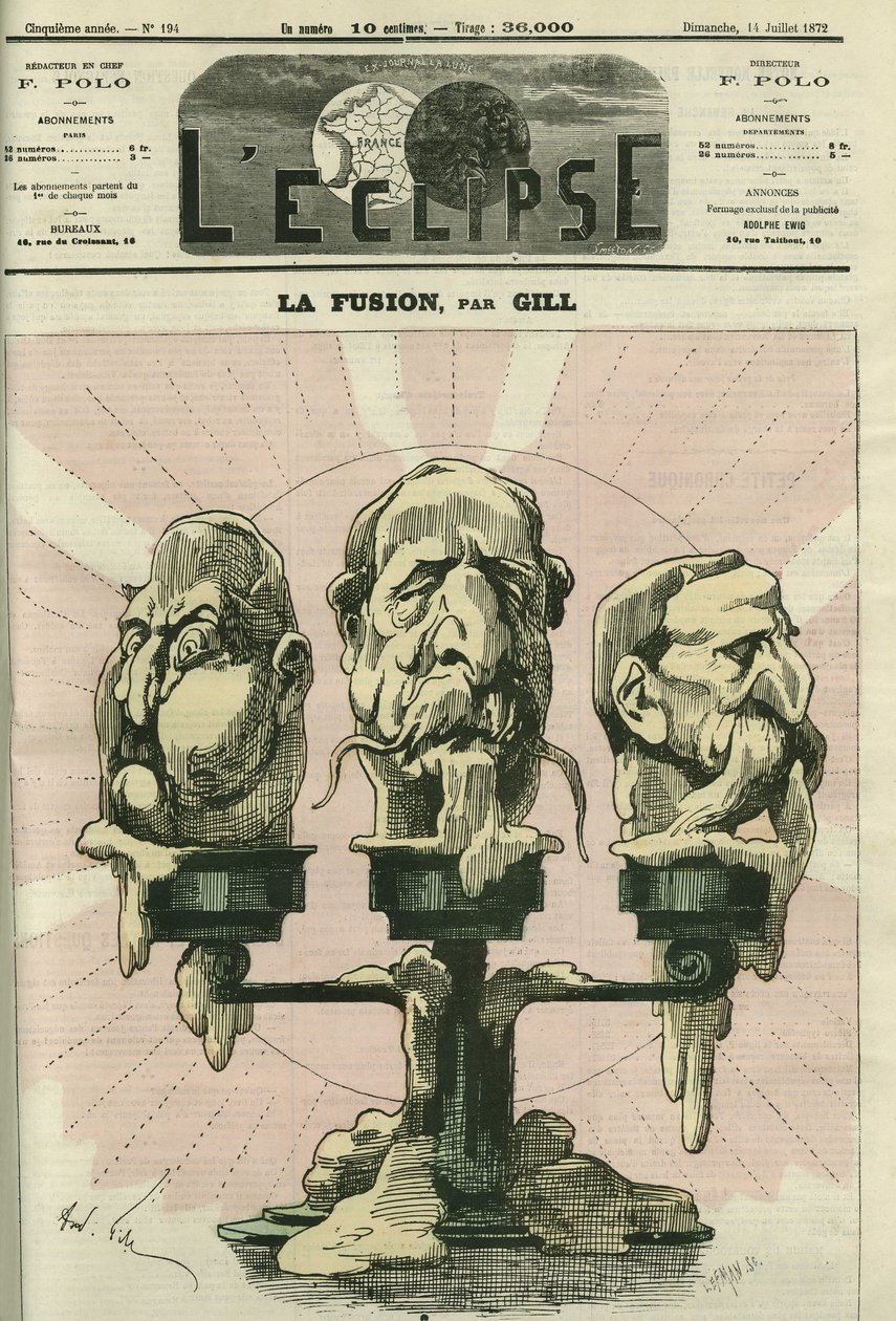 A fusão, uma ilustração da constituição da Assembléia, com realistas, bonapartistas e republicanos. Capa em "L