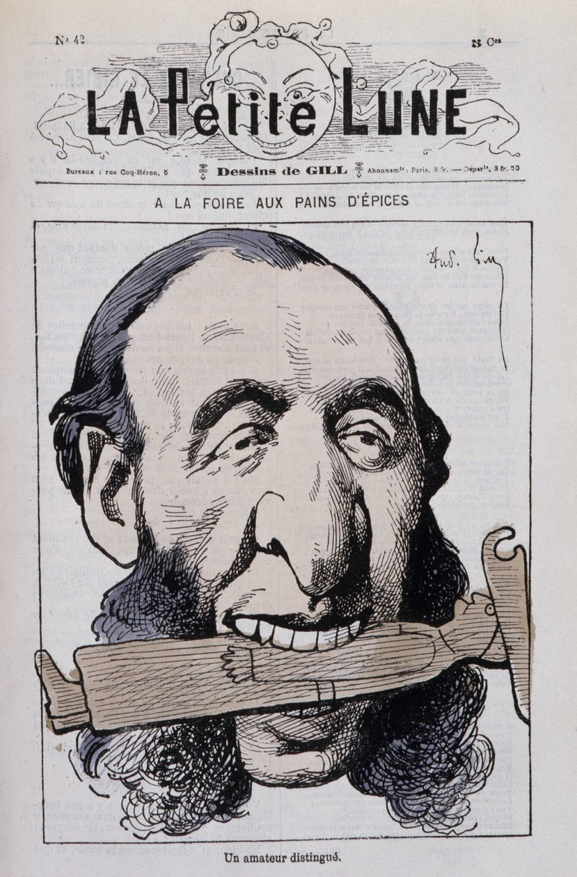 A feira de pão de gengibre, um distinto amador: Caricatura de Jules Ferry anticlerical - em "The Little Moon". de Andre Gill