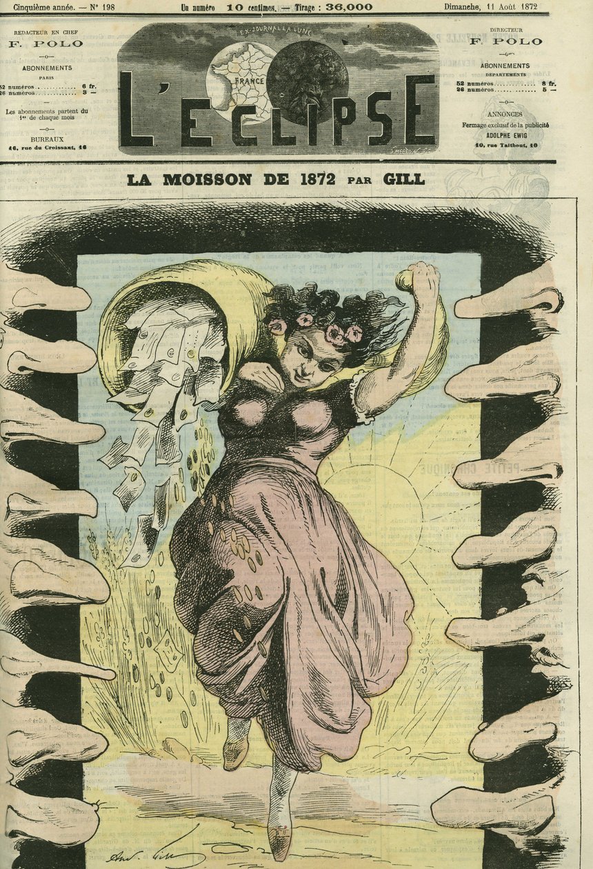 A colheita de 1872, em referência aos 5 bilhões de francos que a França teve que pagar à Prússia. Capa em "L
