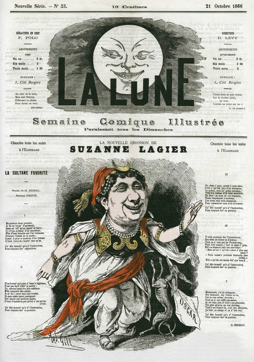 A nova canção de Suzanne Lagier, cantora do Eldorado. Cartoon de Gill, em "The Moon", 21 de outubro de Andre Gill