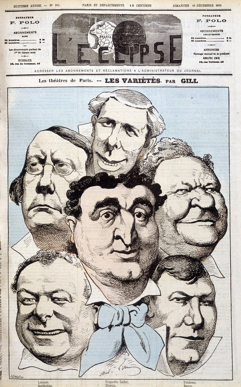 Os retratos de Léonce, Berthelier, Poppy Cadet, Dupuis, Pradeau e Barão, autores de teatro. Cartoon de Gill em "L