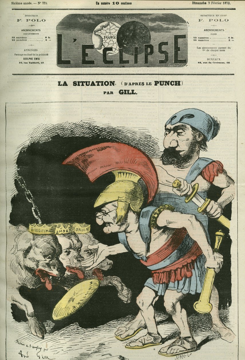 A situação, desenho animado por Adolphe Thiers (1797-1877) e Leon Gambetta (1838-1882) dando um ministério aos cães realistas e bonapartistas. Capa em "L