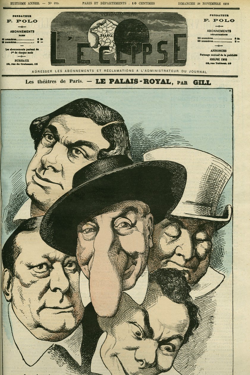 O teatro "Le Palais royal" com Geoffroy, Jules Brasseur (1829-1890), Hyacinthe, Lassouche e Lheritier, atores franceses. Capa em "L