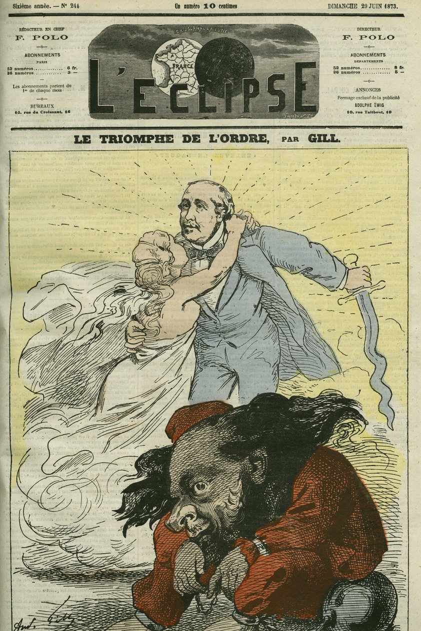 O triunfo da ordem, uma caricatura de Gill, enumerada pela ordem estabelecida pelo Duque de Broglie (1821-1901). Capa em "L