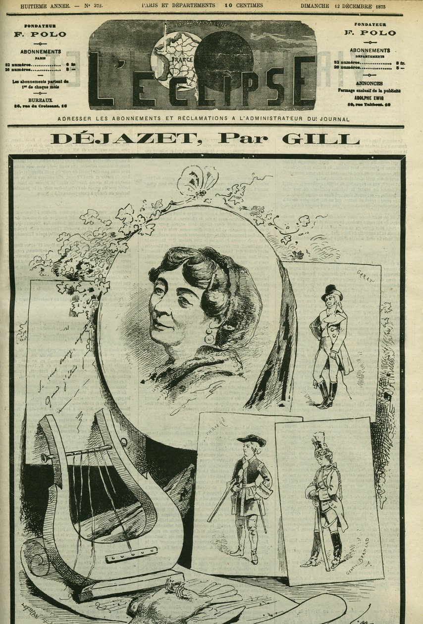 Homenagem e retrato de Virginie Dejazet (1797-1875), cantora de ópera-cómica. Capa em "L