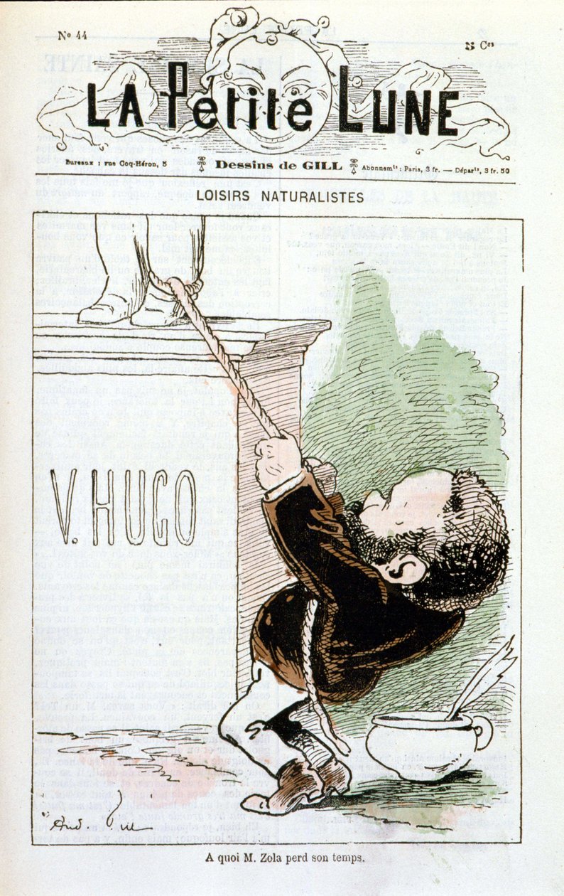 Zola tentando desfazer a estátua de Hugo - por Gill, em "A Pequena Lua" de Andre Gill