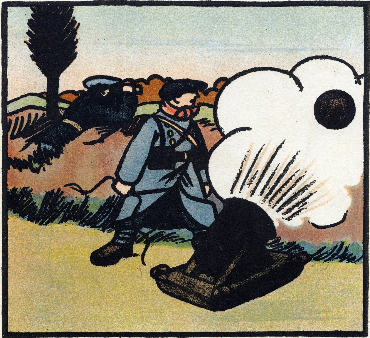 Primeira Guerra Mundial 1914-1918 (14-18): Lançador de bombas. Um soldado francês lança bombas contra o inimigo com um canhão. Gravura em "Alfabeto da Grande Guerra 1914-1916 (para os filhos dos nossos soldados)". Edições Berger-Levrault de Andre Helle