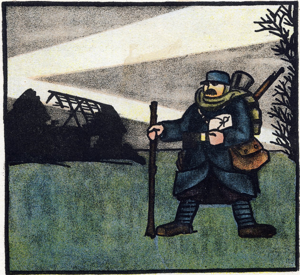 Primeira Guerra Mundial 1914-1918 (14-18): Peludo. Retrato de um soldado do exército francês em uniforme militar com mochila, saco e espingarda. Gravura em "Alfabeto da Grande Guerra 1914-1916 (para os filhos dos nossos soldados)". Edições Berger-Levrault de Andre Helle