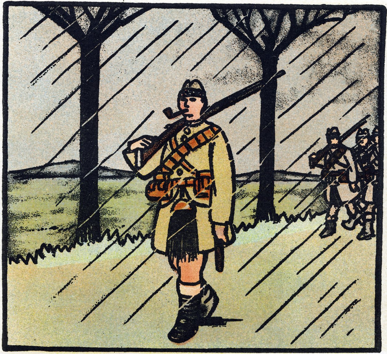 Primeira Guerra Mundial 1914-1918 (14-18): Highlander. Os soldados da Escócia vieram ajudar o exército francês. O seu uniforme militar é constituído por um kilt. Gravura em "Alfabeto da Grande Guerra 1914-1916 (para os filhos dos nossos soldados)". Edições de Andre Helle