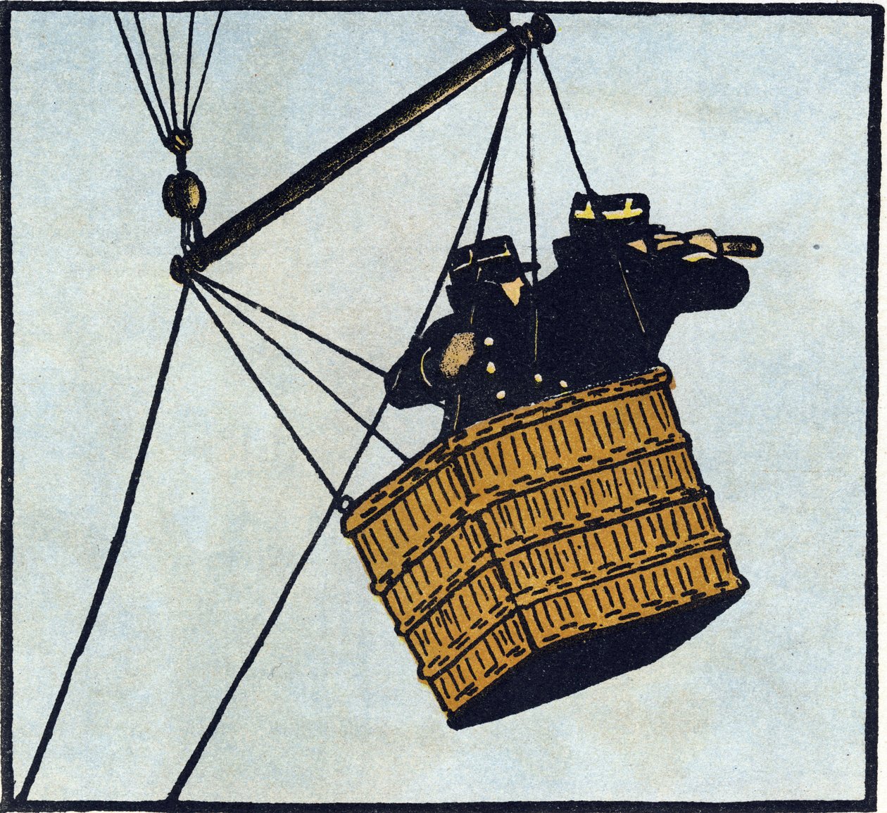 Primeira Guerra Mundial 1914-1918 (14-18): Observadores (posto de observação) do exército francês num balão cativo a tentar detetar o inimigo. Gravura em "Alfabeto da Grande Guerra 1914-1916 (para os filhos dos nossos soldados)". Edições Berger-Levrault de Andre Helle