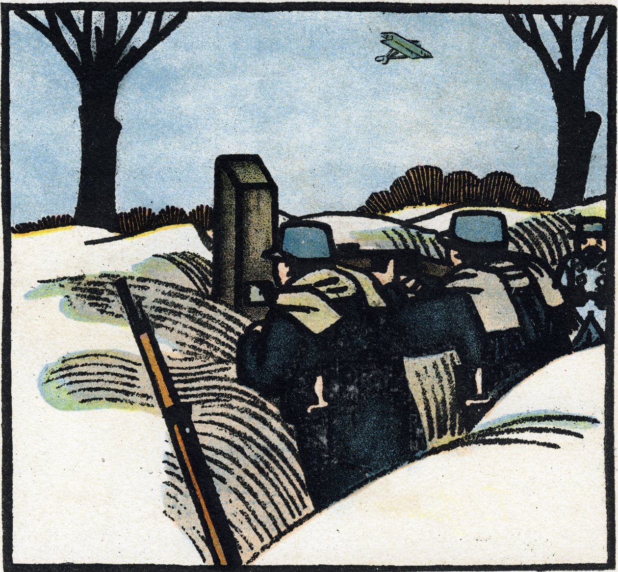 Primeira Guerra Mundial 1914-1918 (14-18): Soldados do exército francês numa trincheira (peludos). Gravura em "Alfabeto da Grande Guerra 1914-1916 (para os filhos dos nossos soldados)". Edições Berger-Levrault de Andre Helle