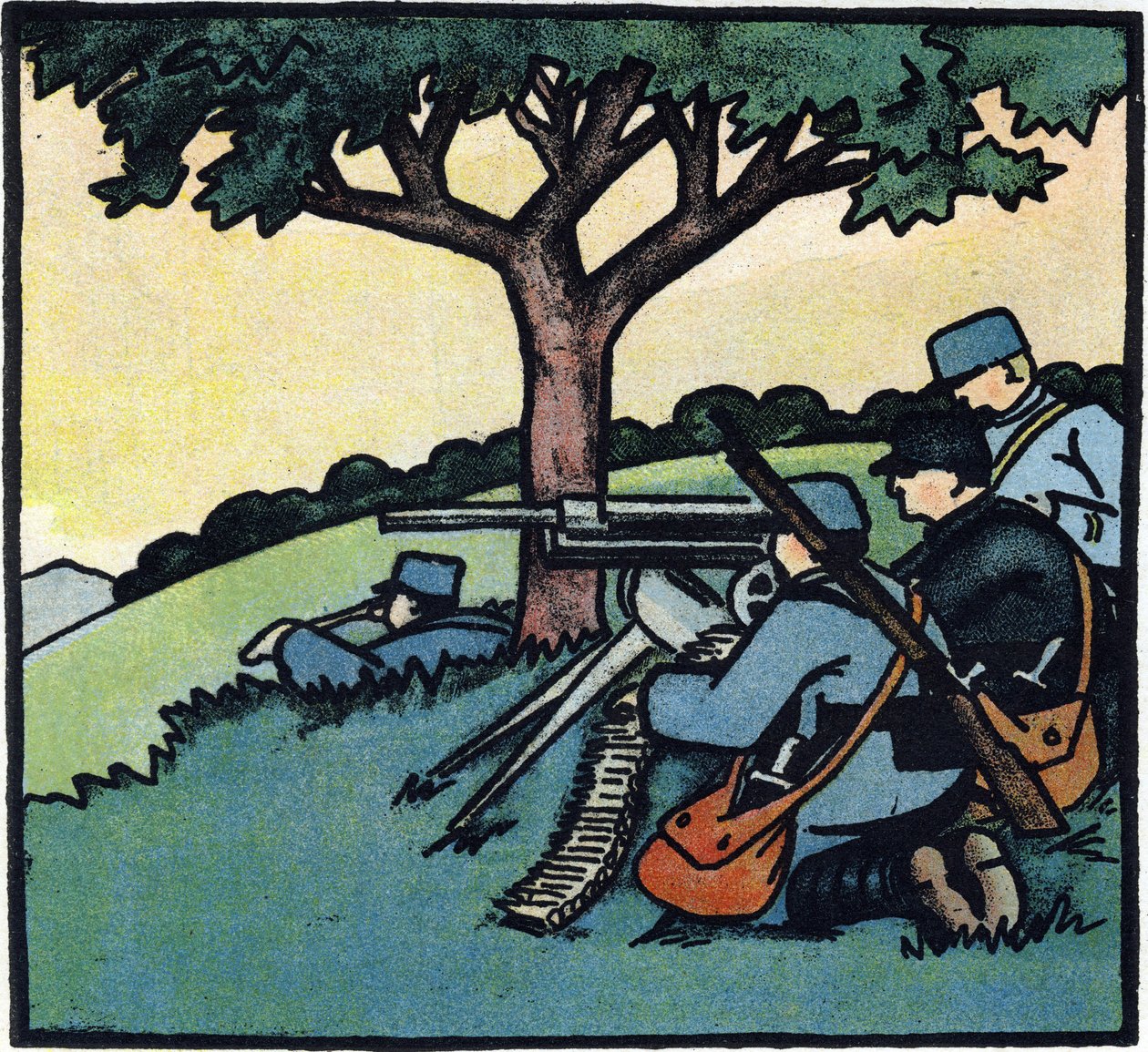 Primeira Guerra Mundial 1914-1918 (14-18): Soldados do exército francês utilizando metralhadoras nos campos de batalha. Gravura em "Alfabeto da Grande Guerra 1914-1916 (para os filhos dos nossos soldados)". Edições Berger-Levrault de Andre Helle