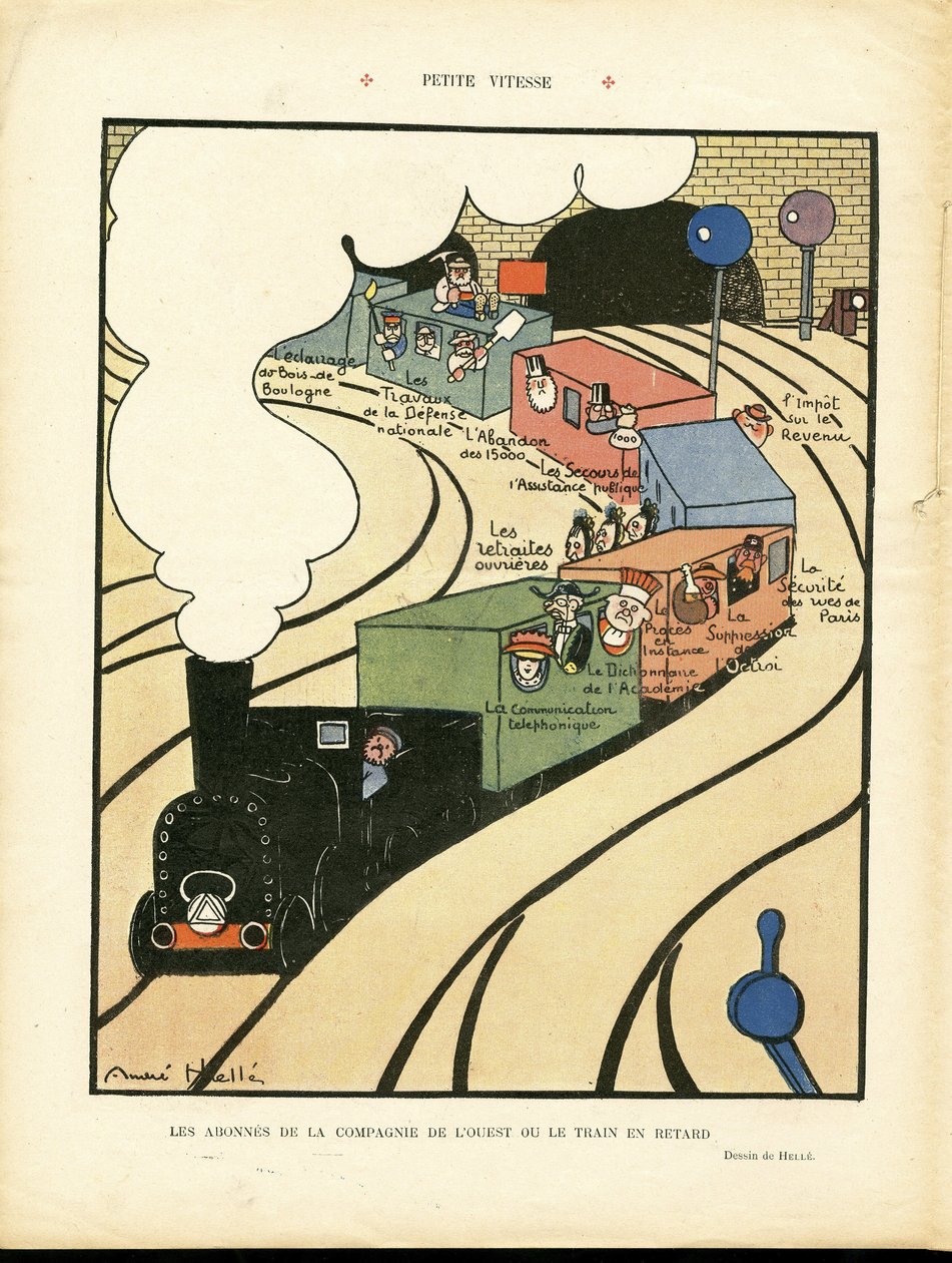 Ilustração de André Helle (1875-1945) in Le Rire, 25/01/08 - Pequena velocidade - Transportes, Comboio Caminho de ferro, Companhia do Oeste de Andre Helle