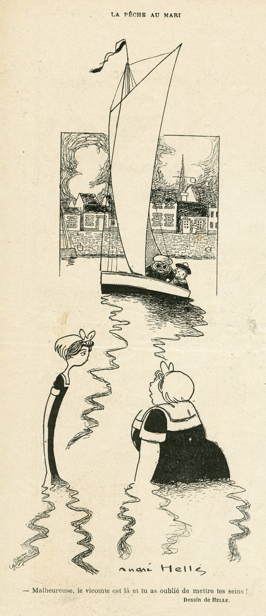 Ilustração de André Helle (1875-1945) em Le Rire, 03/09/10 - La peche au Mari - Lazer, Amor, Marítimo Marinha Marítima, Obeite, Iatismo de Andre Helle