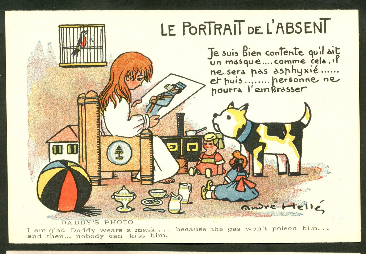 Postal, Cor Satírica: O Retrato do Ausente - Guerra dos 14-18, Ilustração de Infância de André Helle (1875-1945) de Andre Helle