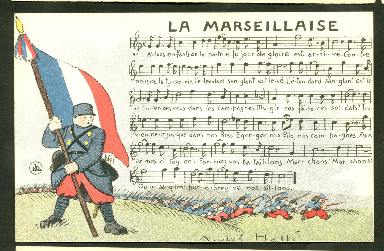 Postal, satírico em cores: La Marseillaise - Guerra de 14 -18, Marselhesa, Ilustração cantada por André Helle (1875-1945) de Andre Helle