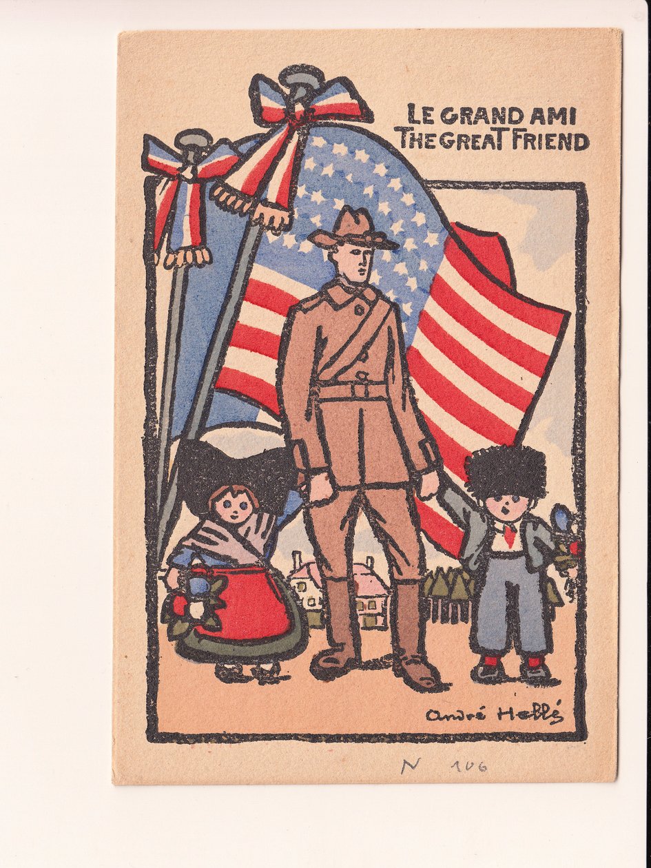 Postal, satírico em cores: Le grand ami o grande amigo - Guerra de 14-18, América, Alsácia Lorena Ilustração de André Helle (1875-1945) de Andre Helle