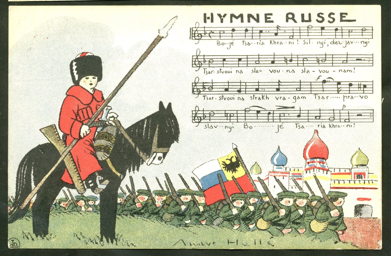 Postal, satírico em cores: Hino Russo - Guerra de 14-18, Rússia, Cantando - Soldados Ilustração de Andre Helle (1875-1945) de Andre Helle