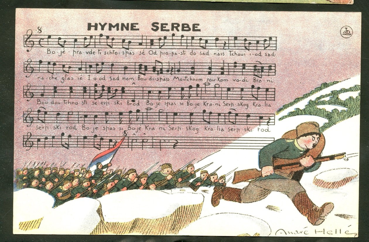 Postal, satírico em cores: Hino Sérvio - Guerra de 14-18, Canção, Sérvia - Soldados Ilustração de André Helle (1875-1945) de Andre Helle