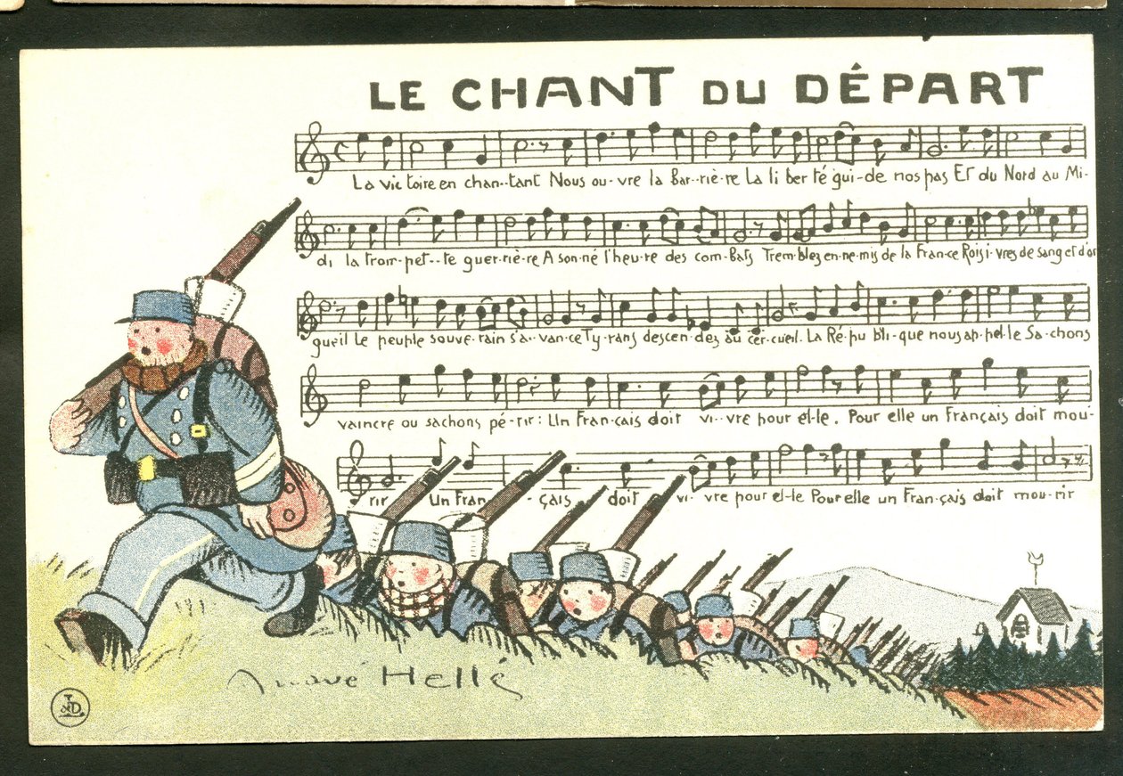 Postal, satírico em cores: O Canto da Partida - Guerra de 14 -18, Canto - Soldados Ilustração de André Helle (1875-1945) de Andre Helle
