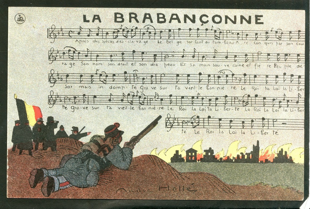 Postal, satírico em cores, cerca de 1915: La brabanconne - Guerra de 14 -18, Bélgica, Canto - Soldados Ilustração de André Helle (1875-1945) de Andre Helle