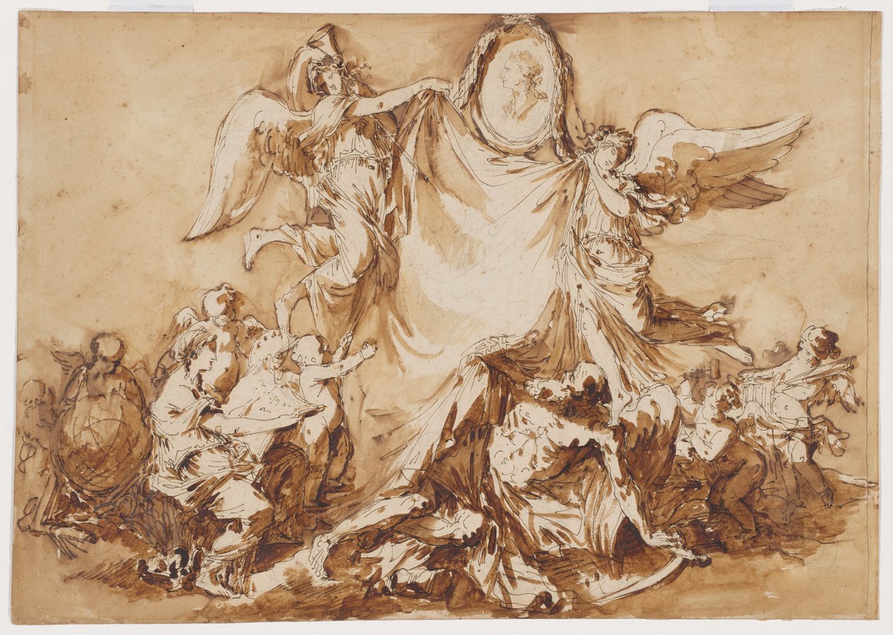 Uma Alegoria da época da destruição das artes, superada por um Medalhão de retrato do Rei Stanislaw Agosto da Polónia como Patrono das Artes de Andre Jean Lebrun