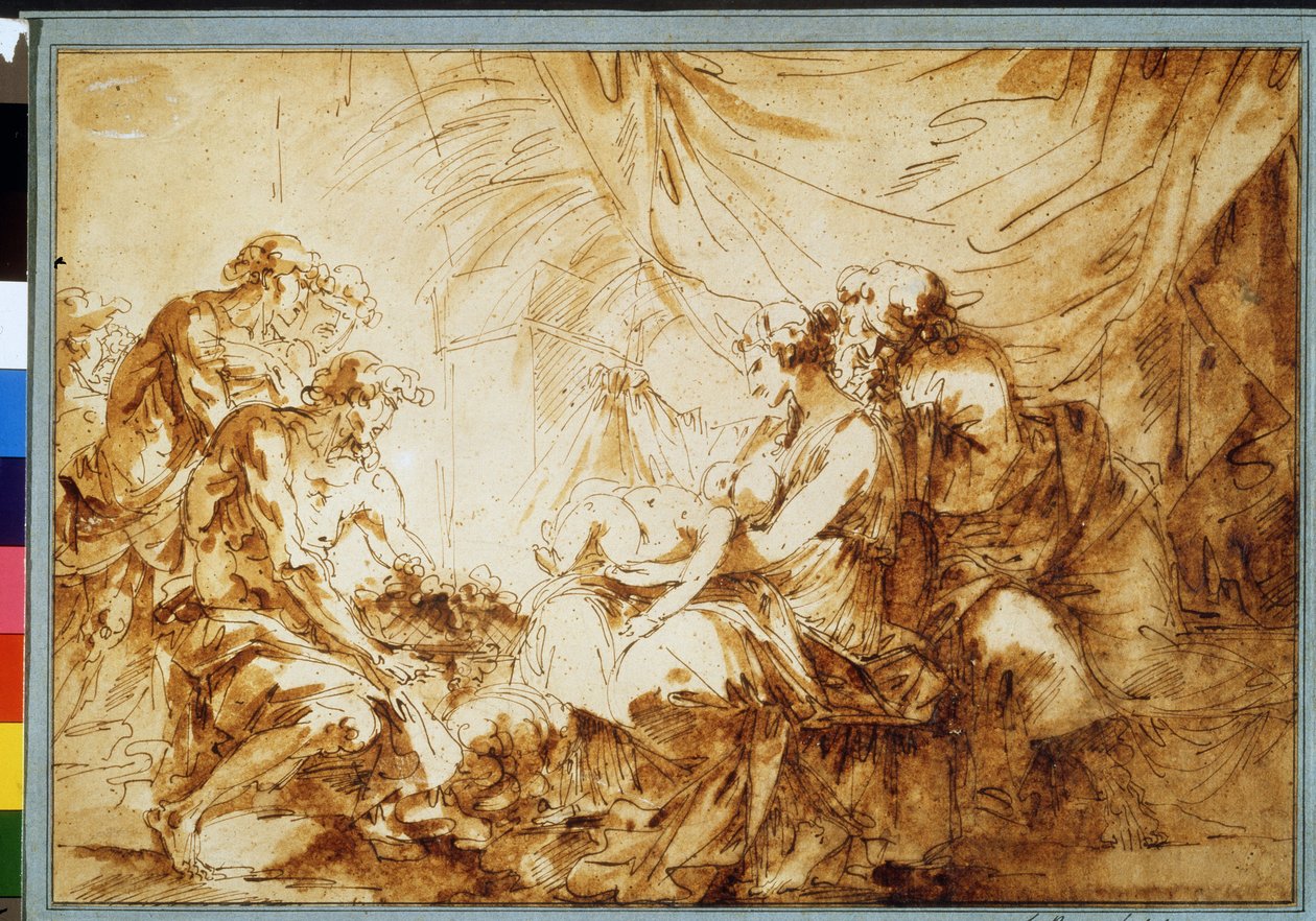 "A Adoração do desenho da caneta da Criança Cristo" de André Jean Le Brun (Lebrun) (1737-1811) Museu Pushkin, Moscovo de Andre Jean Lebrun