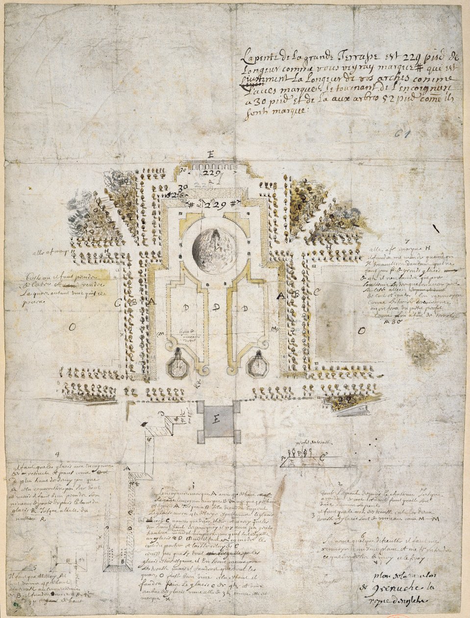 Design para paisagismo do jardim e parque na Casa da Rainha, Greenwich, 1662 (caneta, tinta e lavagem) de Andre Le Notre
