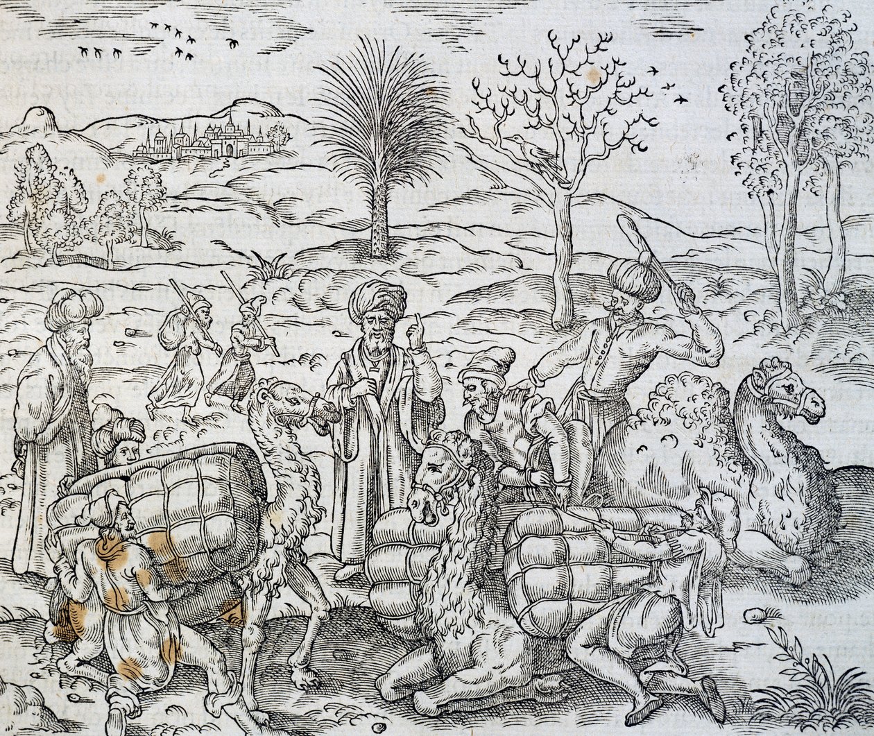 Mercadores árabes na Síria, gravura da Cosmologia Universal, de Andre Thevet (1504-1592) de Andre Thevet
