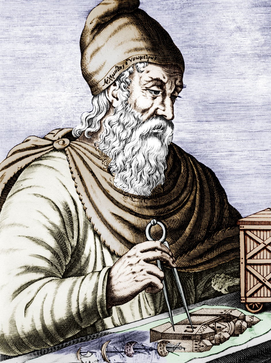Arquimedes (287-212 a.C.), físico e matemático grego siciliano, gravura em metal colorido de Andre Thevet
