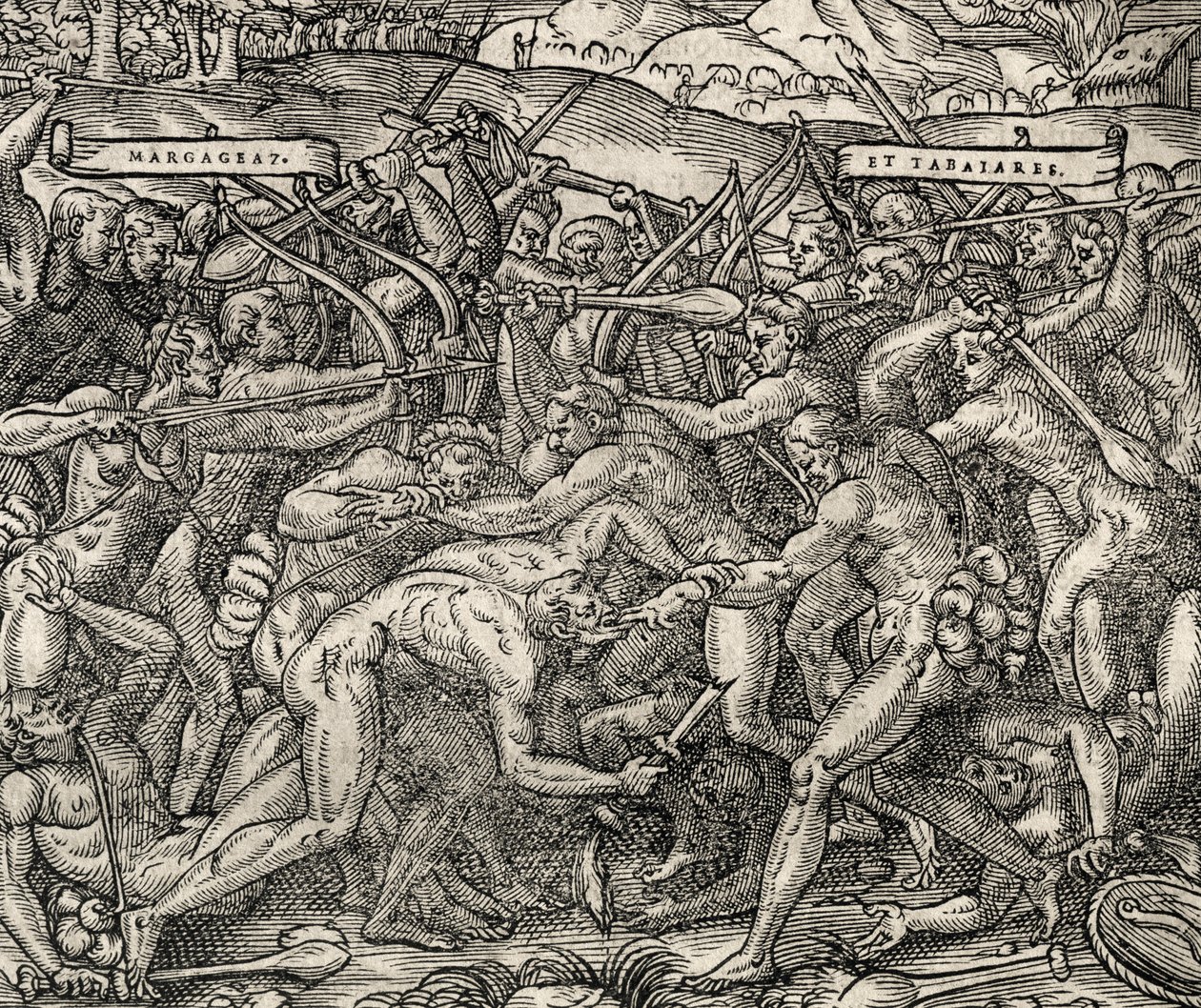 Batalha entre as tribos Margageaz e Tabajares, gravura da Cosmologia Universal, de Andre Thevet (1504-1592) de Andre Thevet