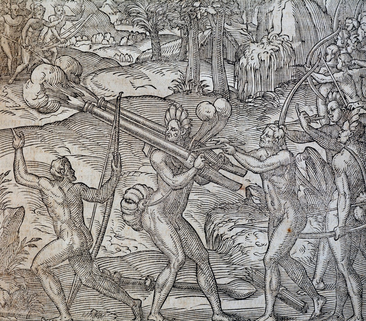 Batalha entre nativos no Canadá, gravura da Cosmographie Universelle, de Andre Thevet, Paris 1575 de Andre Thevet