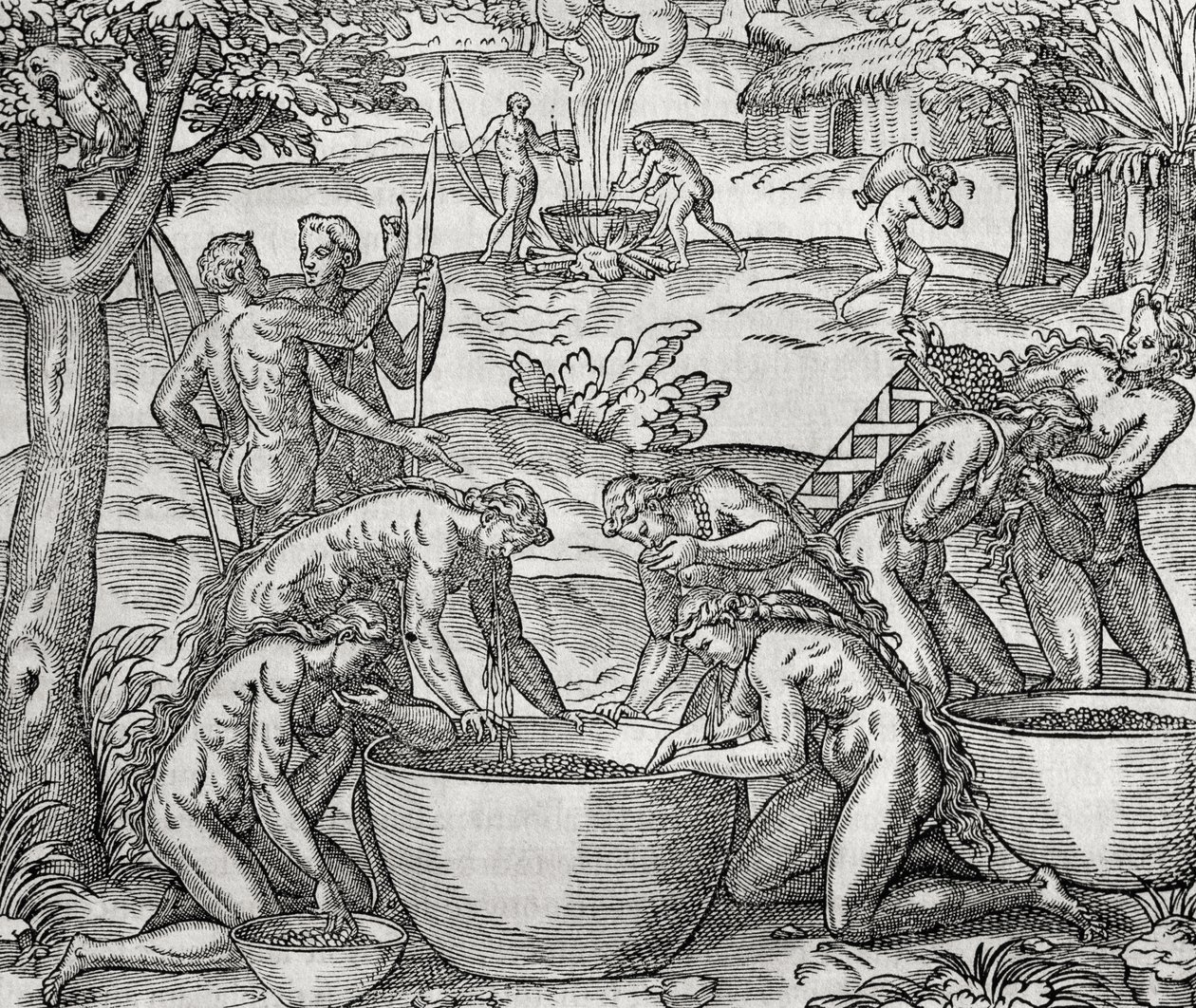 Cap de Frie, mulheres preparando alimentos, gravura, América do Sul de Andre Thevet