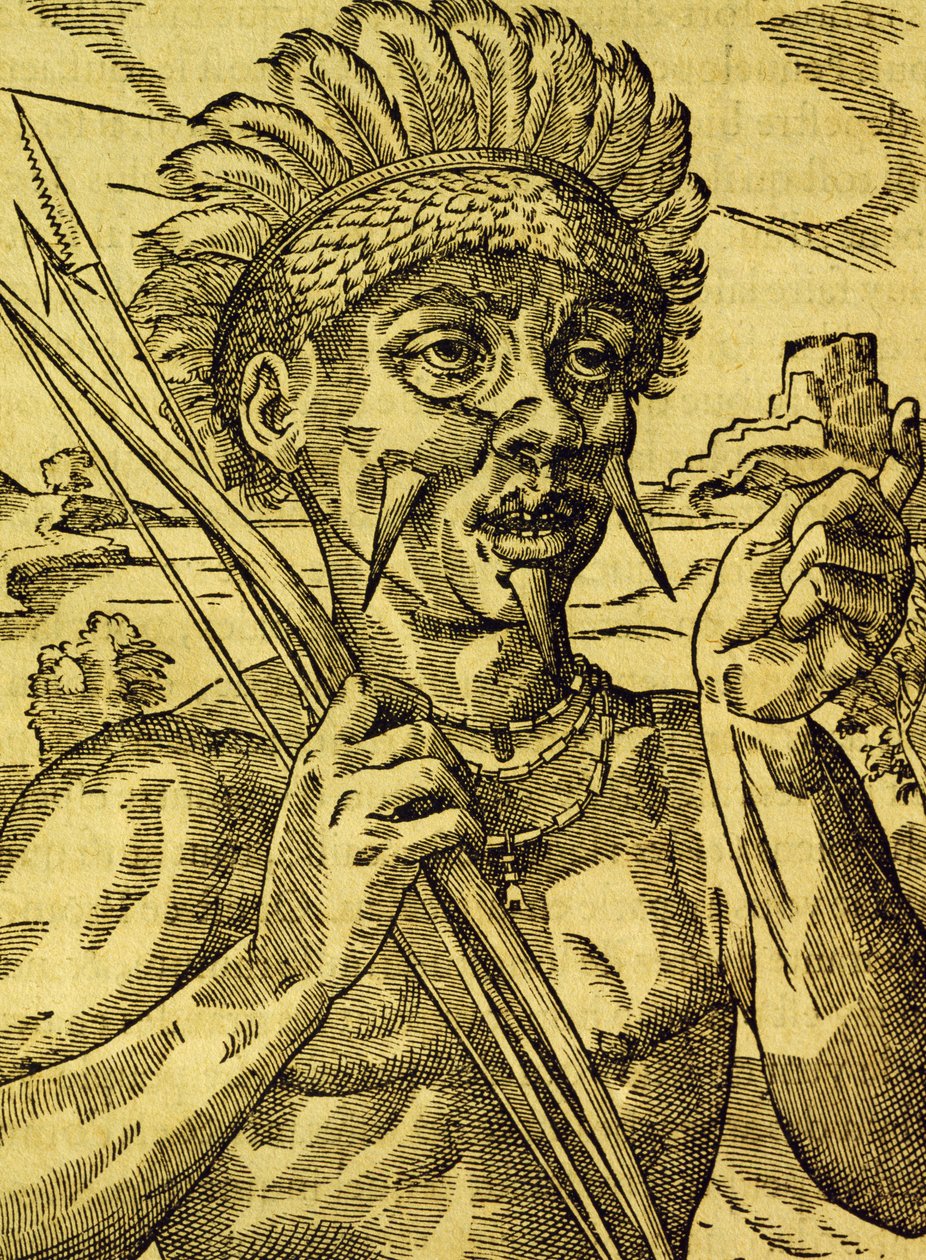 Chefe da tribo dos canibais, gravura da Cosmologia Universal, de Andre Thevet (1504-1592), Paris de Andre Thevet