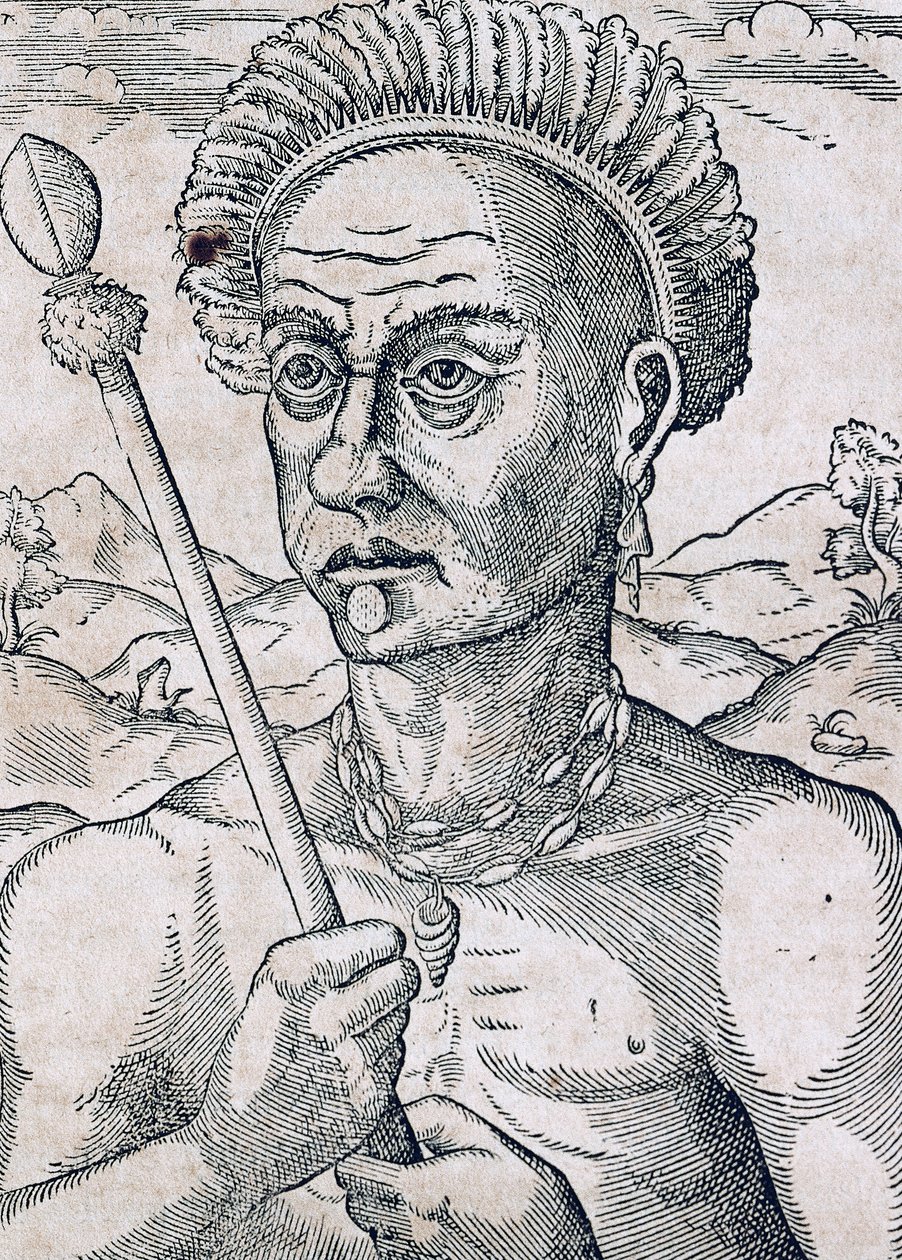 Rei Quoniambec, Brasil, gravura da Cosmologia Universal, de André Thevet (1504-1592), Paris de Andre Thevet