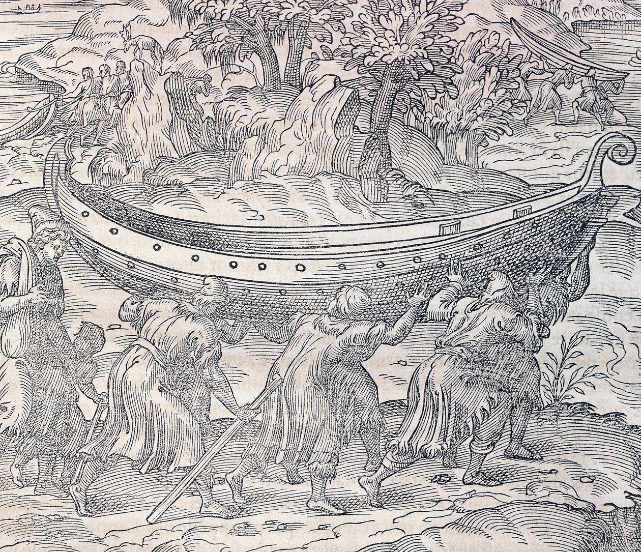 Laplanders transportando seus barcos de um lugar para outro, gravura da Cosmologia Universal, de Andre Thevet (1504-1592), Paris de Andre Thevet
