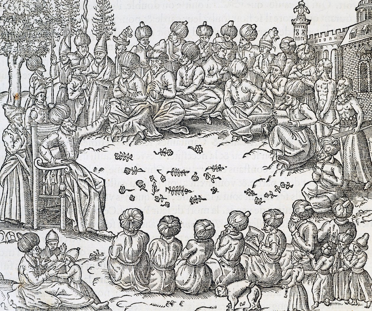 Encontro entre turcos e árabes, Marrocos, gravura da Cosmologia Universal, de Andre Thevet (1504-1592), Paris de Andre Thevet