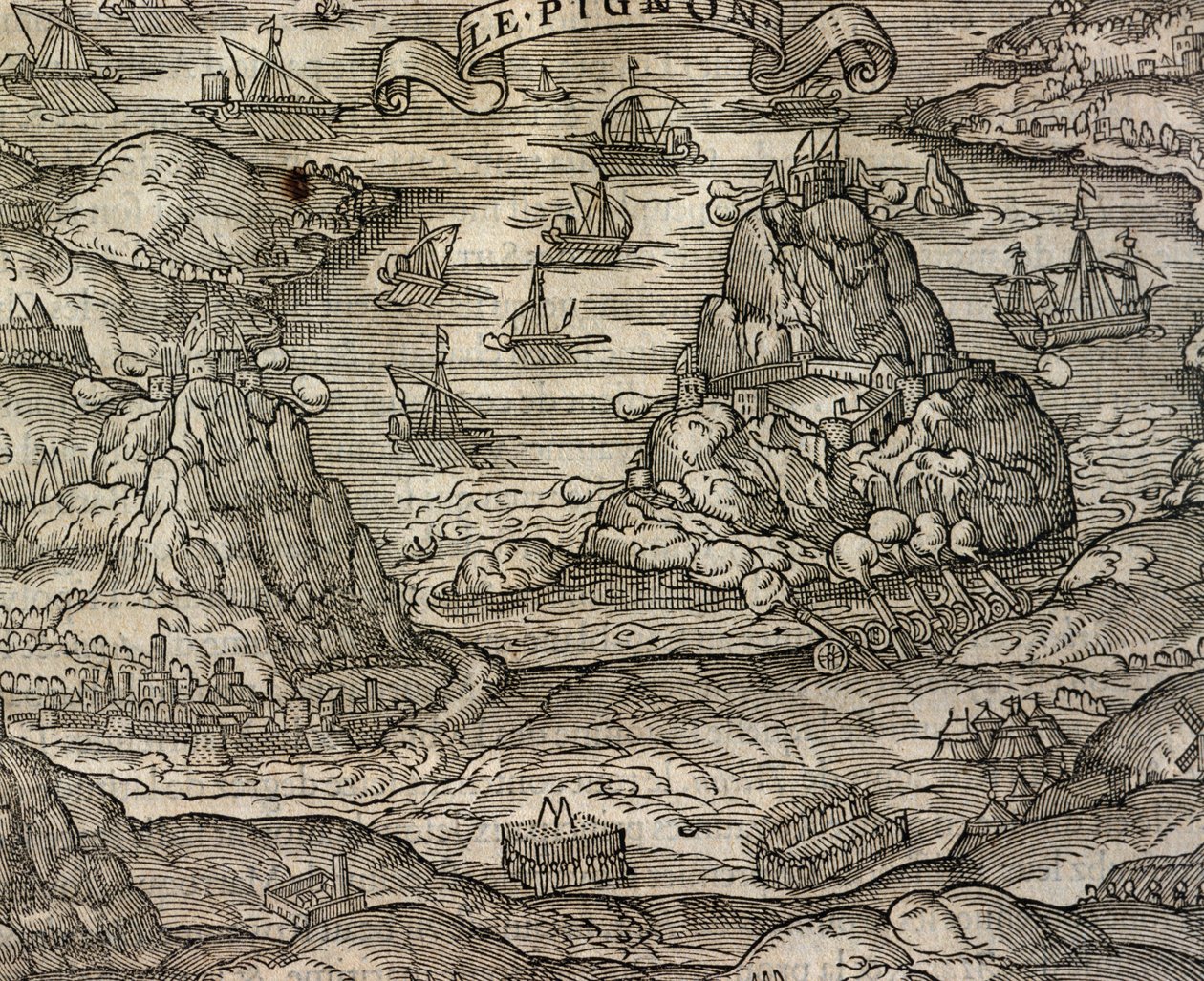 Batalha naval perto da ilha Le Pignon, gravura de Cosmographie universelle, de Andre Thevet (1504-1592), Paris de Andre Thevet