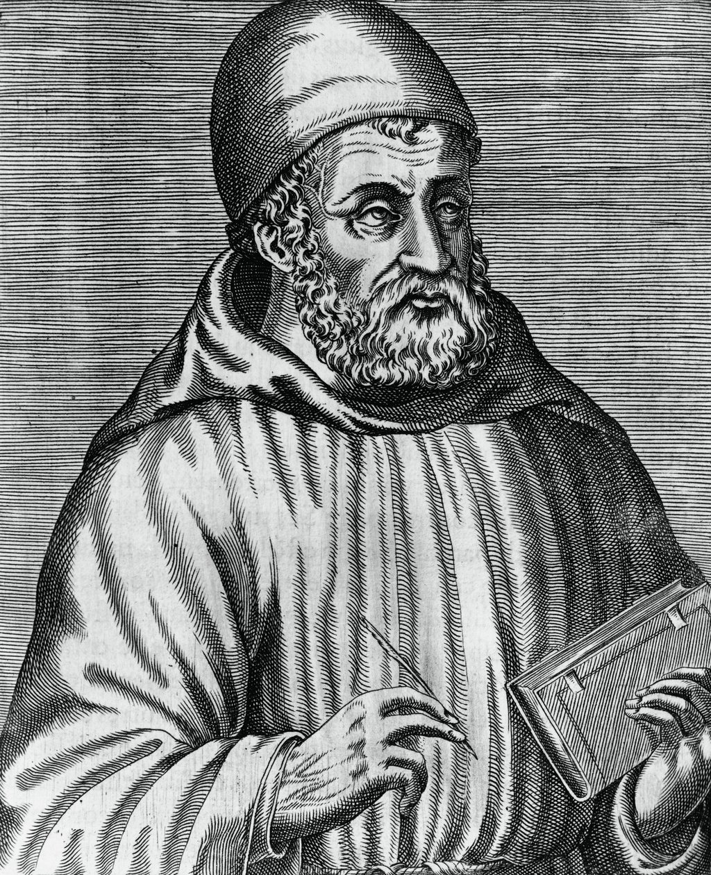 Retrato de John Duns, comumente chamado Duns Scotus (1265 ou 1266-1308), filósofo e teólogo escocês, gravura de Andre Thevet (1504-1592) de Les vrais pourtraits et vies des hommes illustres grecz, latins et payens de Andre Thevet