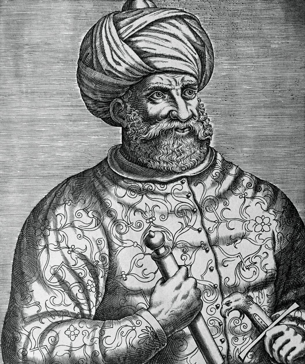 Retrato de Khayr al-Din, conhecido como Barbarossa (1465-1546), corsário e almirante turco, gravura de Andre Thevet (1502-1590) de Andre Thevet