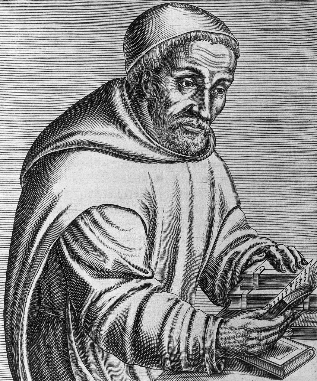 Retrato de Rabanus Maurus Magnentius (falecido em 856), monge beneditino e teólogo alemão, gravura da Les vrais pourtraits et vies des hommes illustres grecz, latins et payens, de Andre Thevet de Andre Thevet