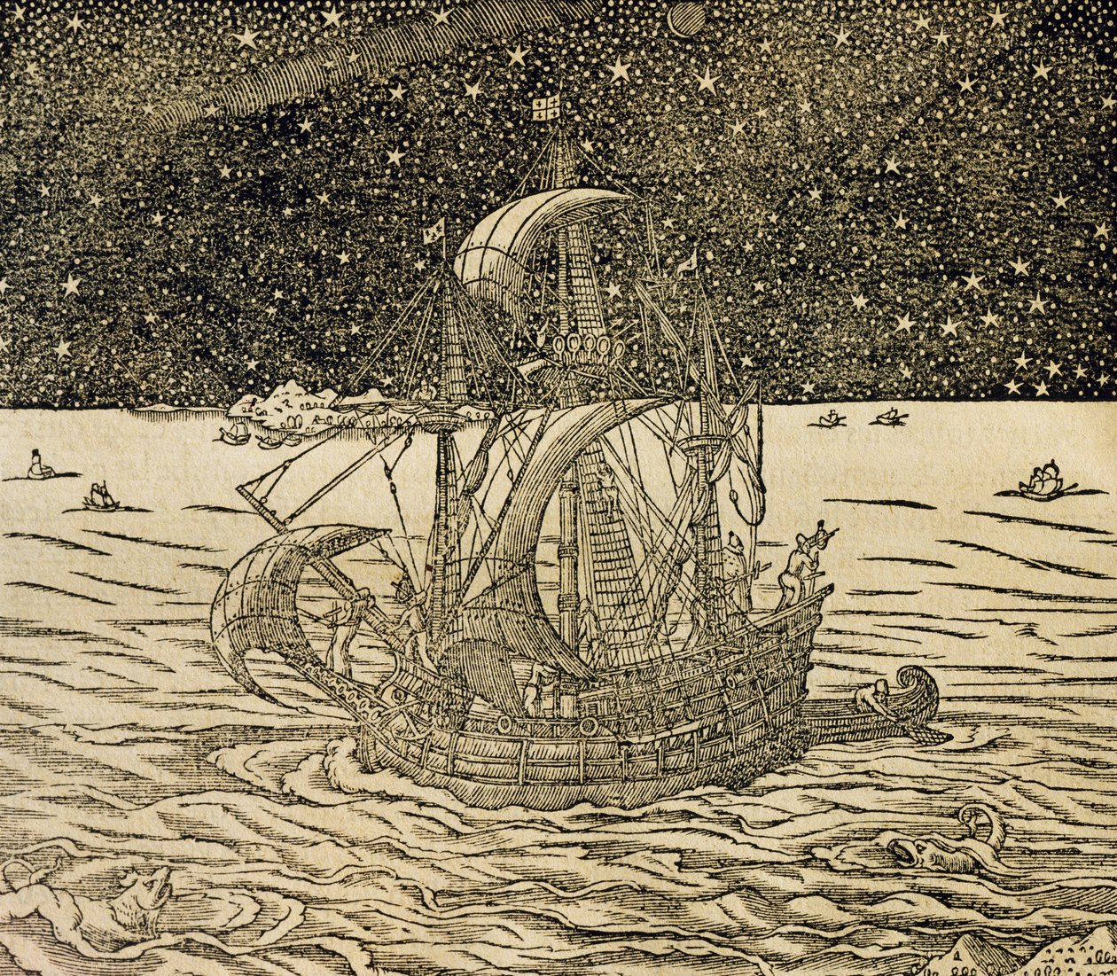 Marinheiros seguindo a rota do norte, gravura da Cosmologia Universal, de Andre Thevet (1504-1592), Paris de Andre Thevet